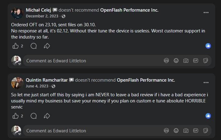 Michal and Quintin Facebook reviews: one-star OpenFlash Performance reviews citing worst customer support in the industry