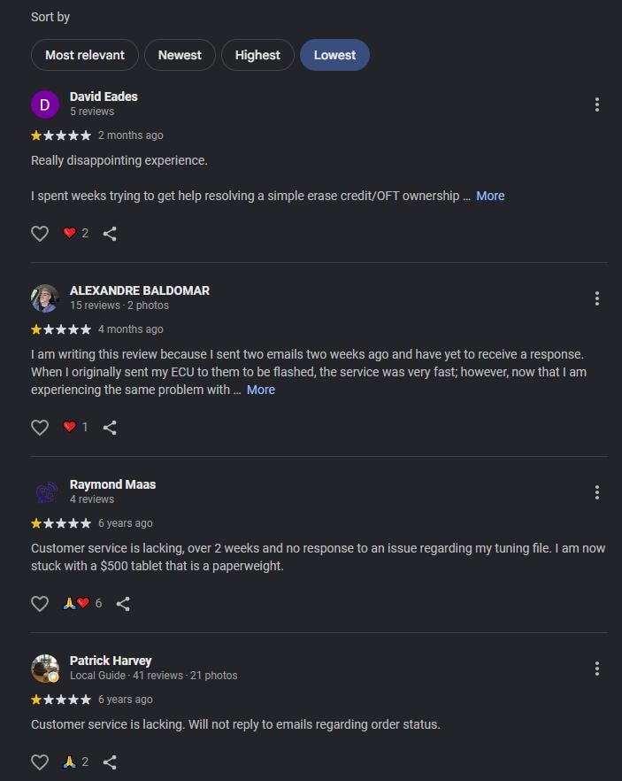 David, Alexandre, Raymond, and Patrick Google reviews: one-star OpenFlash Performance reviews citing no email responses and $500 paperweight tablet