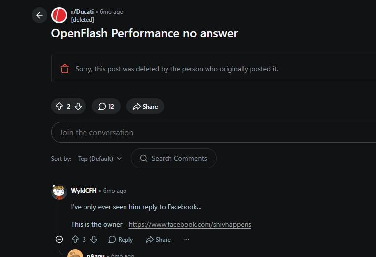 Reddit r/Ducati thread: OpenFlash Performance no answer — deleted post with 12 comments about being ignored