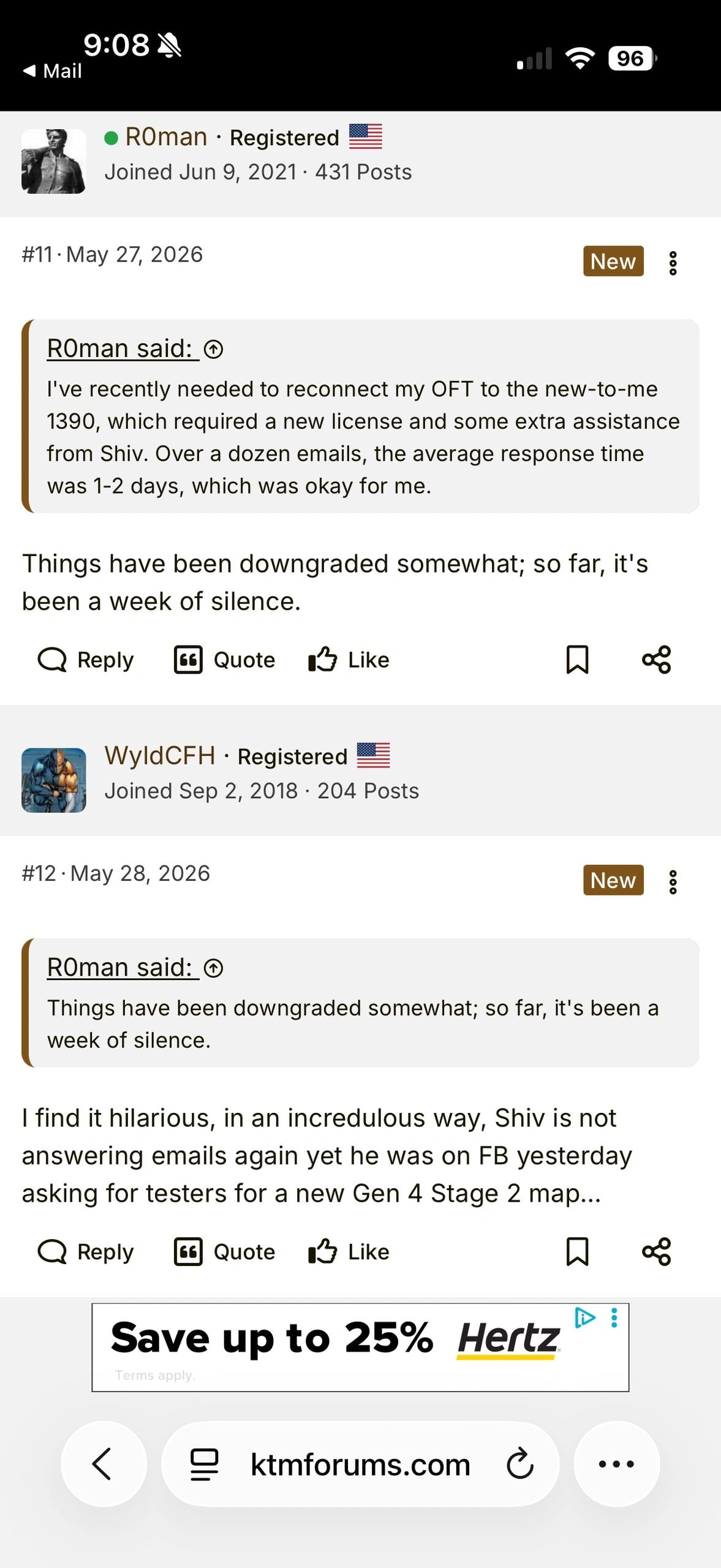R0man and WyldCFH ktmforums.com thread: OpenFlash Performance ignoring customers while recruiting testers on Facebook