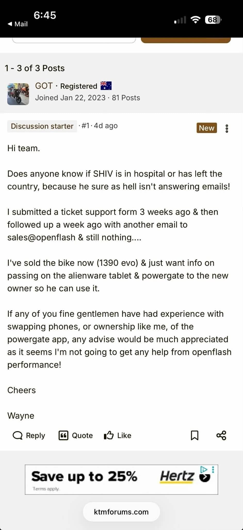 Wayne's ktmforums.com post: OpenFlash Performance not responding to transfer request after 3 weeks