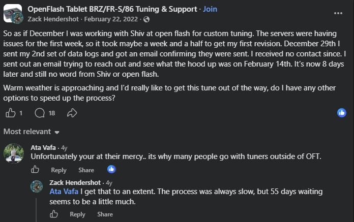 Zack Hendershot Facebook post: 55 days waiting for OpenFlash Performance e-tune with no response